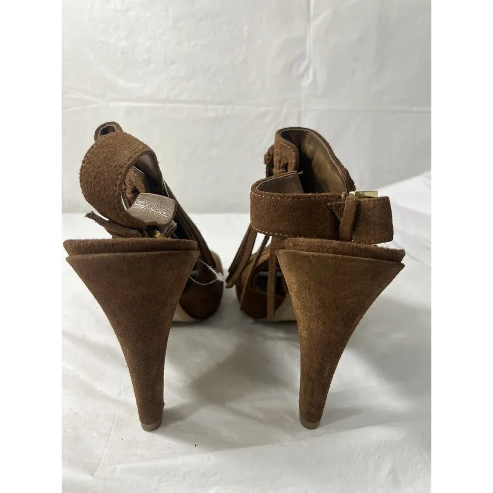 Michael Kors Brown Suede Fringe Peep-Toe Slingback Heels